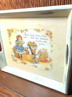 Shabby Chic Wooden Serving Tray Cottagecore June Poem Cat Decor 1977 Art